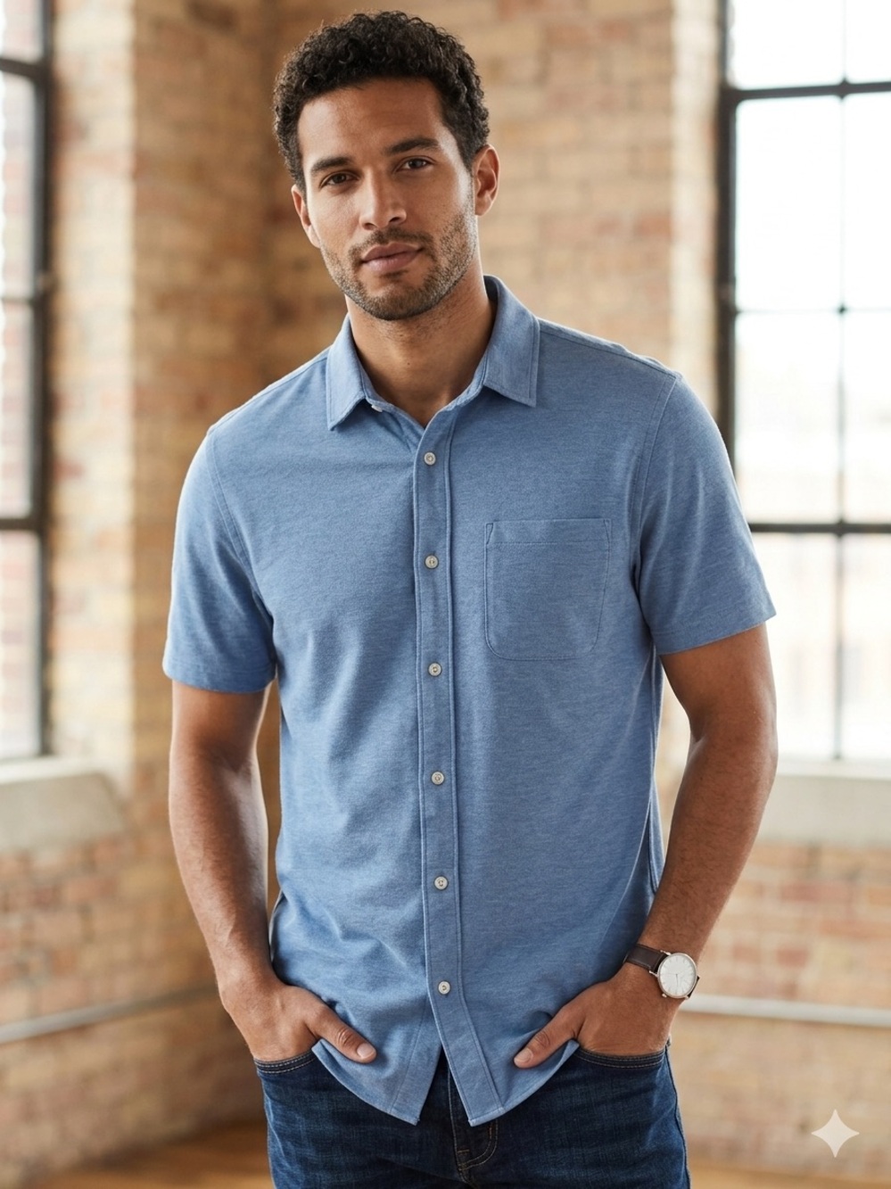 George Short-Sleeve Button Front Polo Shirt - Light Blue